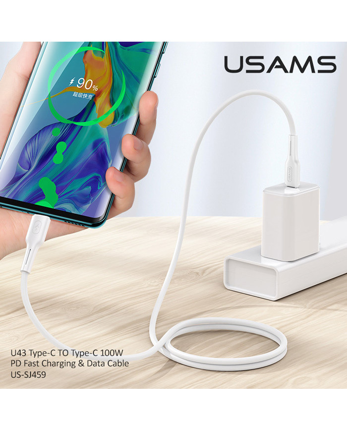 Usams U43 100W Regular USB 2.0 Cable USB-C male - USB-C male Λευκό 1.2m