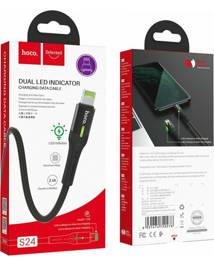 Hoco S24 Braided / LED USB to Lightning Cable Μαύρο 1.2m
