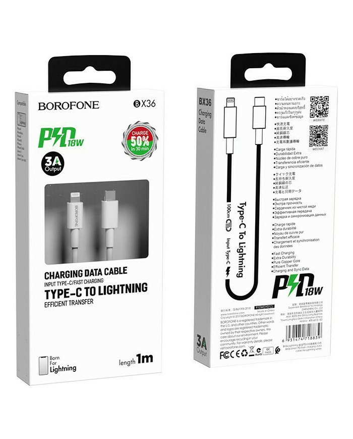 Borofone BX36 Union USB 2.0 Cable USB-C male - Lightning Λευκό 1m