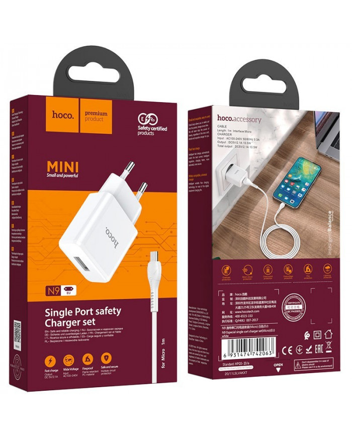 Φορτιστής Ταξιδίου Hoco N9 Especial με Έξοδο Φόρτισης USB 5V 2.1A Λευκός με Καλώδιο Micro-USB 1μ