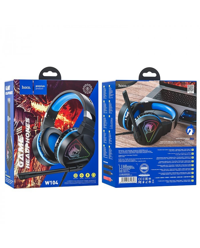 Ακουστικά Stereo Gaming Hoco W104 Drift με Ανταπτορα 2 σε 1 3.5mm και USB, Μικρόφωνο, RGB Φωτισμό, 2μ Μήκος Καλοδίου Μπλέ