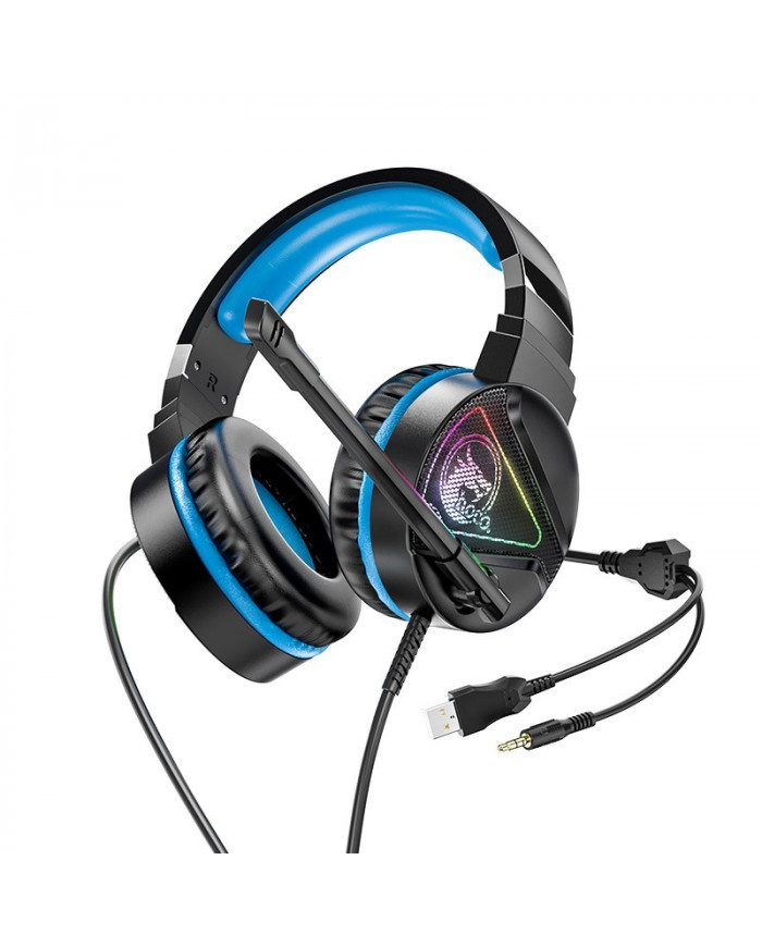 Ακουστικά Stereo Gaming Hoco W104 Drift με Ανταπτορα 2 σε 1 3.5mm και USB, Μικρόφωνο, RGB Φωτισμό, 2μ Μήκος Καλοδίου Μπλέ