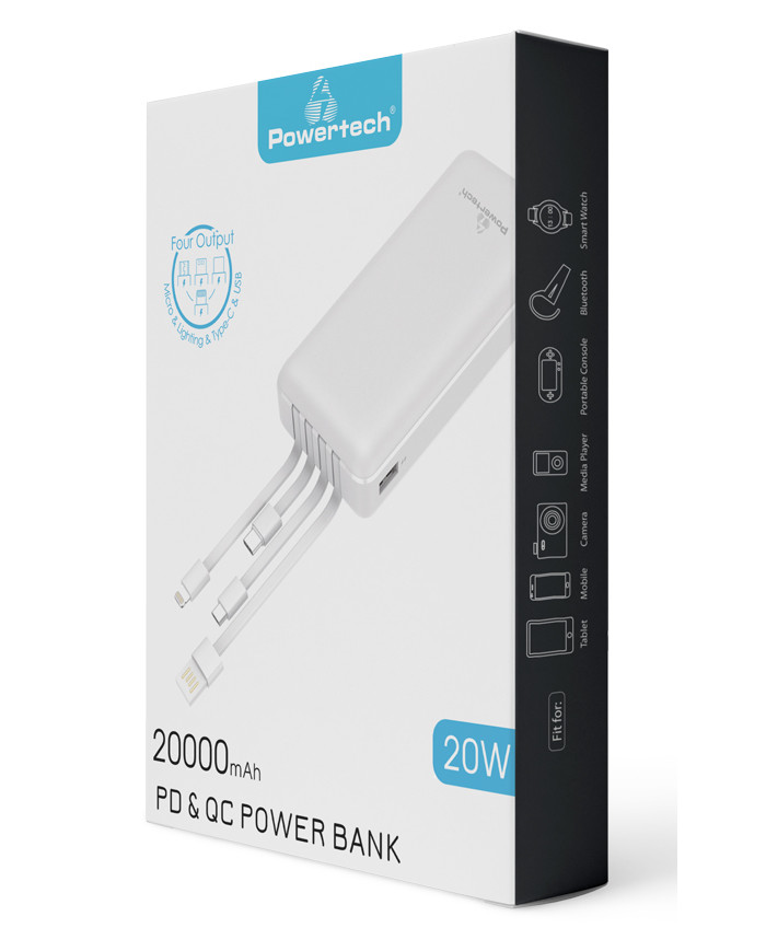 POWERTECH Power Bank PT-979 20000mAh, 4x Output, PD 20W & QC 18W, λευκό
