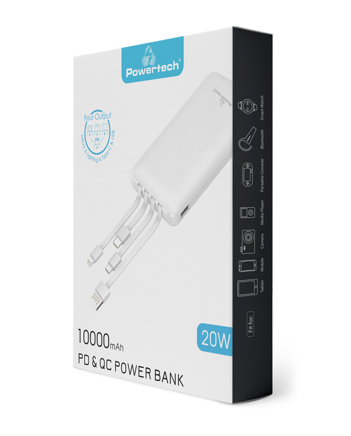 POWERTECH Power Bank PT-980 10000mAh, 4x Output, PD 20W & QC 18W, λευκό