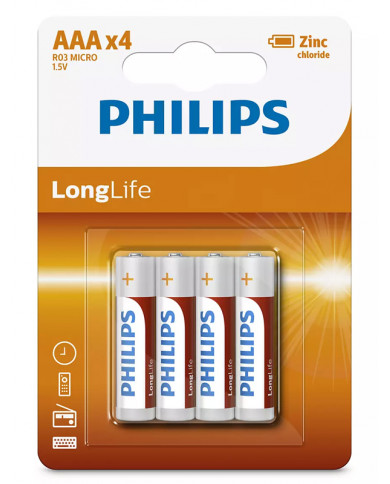 PHILIPS LongLife Zinc chloride μπαταρίες R03L4B/10 AAA R03 Micro, 4τμχ PHILIPS LongLife Zinc chloride μπαταρίες R03L4B/10 AAA R03 Micro, 4τμχ