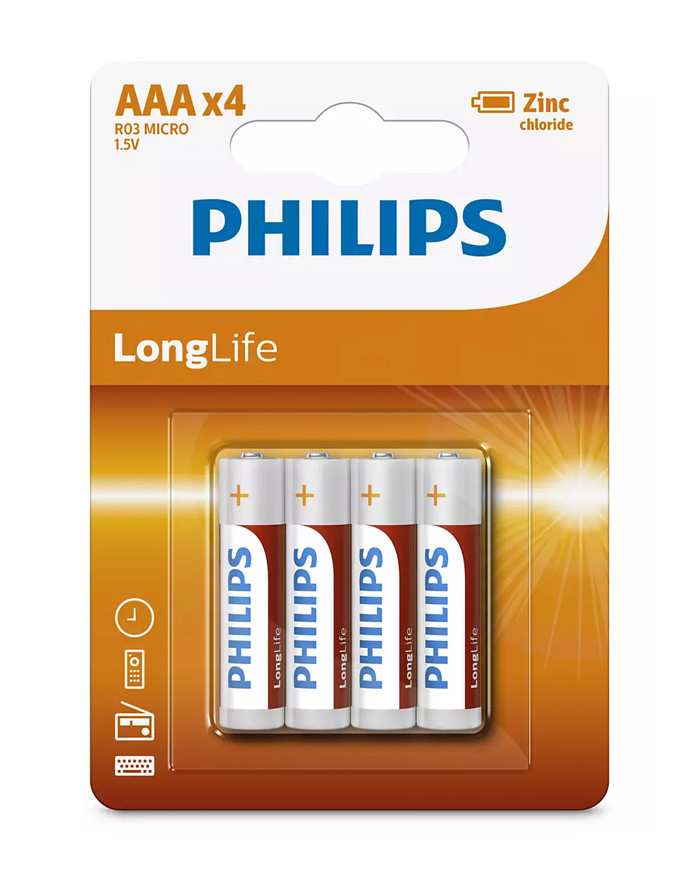 PHILIPS LongLife Zinc chloride μπαταρίες R03L4B/10 AAA R03 Micro, 4τμχ