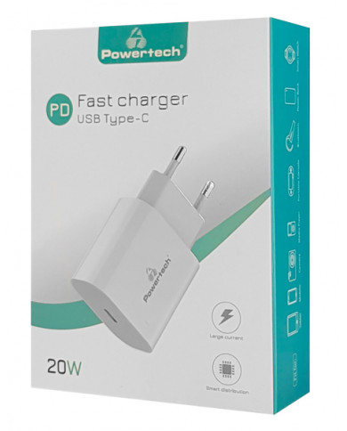 POWERTECH Φορτιστής Τοίχου PT-923, 1x USB Type-C, PD 20W, 3A, λευκός