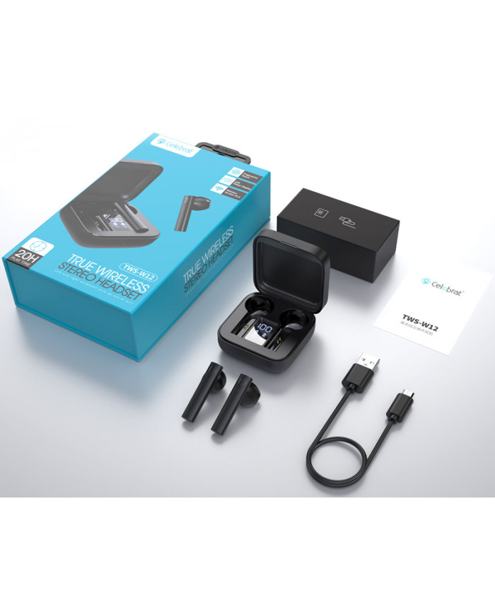 CELEBRAT earphones με θήκη φόρτισης W12, True Wireless, μαύρα