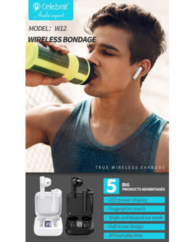 CELEBRAT earphones με θήκη φόρτισης W12, True Wireless, λευκά CELEBRAT earphones με θήκη φόρτισης W12, True Wireless, λευκά