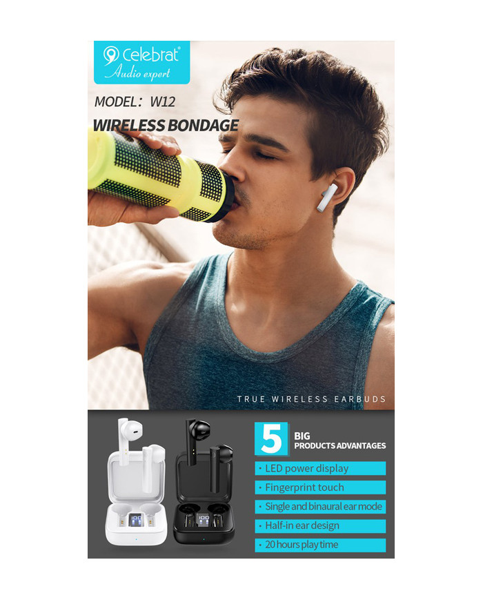 CELEBRAT earphones με θήκη φόρτισης W12, True Wireless, λευκά