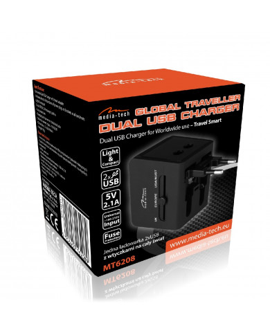 Παγκόσμιος Αντάπτορας Ρεύματος και Φορτιστής Media-Tech MT6208 με EU, USA, UK Plug και 2 USB Θύρες 2.1A με Ενδείξεις LED Μαύρος