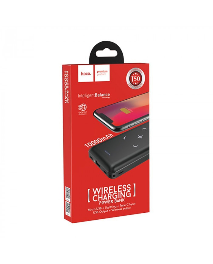 Power Bank Hoco J50 Surf 10000mAh με Ασύρματη Φόρτιση και USB-A με Οθόνη Led Μαύρο