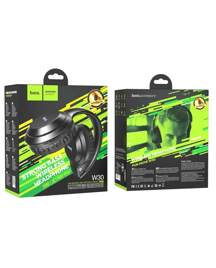 Wireless Ακουστικά Stereo Hoco W30 Fun Μove V5.0 Μαύρα με Μικρόφωνο, υποδοχή Micro SD, AUX & Πλήκτρα Ελέγχου