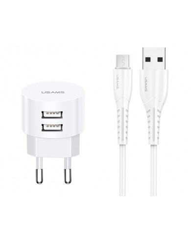 USAMS φορτιστής τοίχου T20 & καλώδιο Micro USB, 2x USB, 2.1A, λευκός