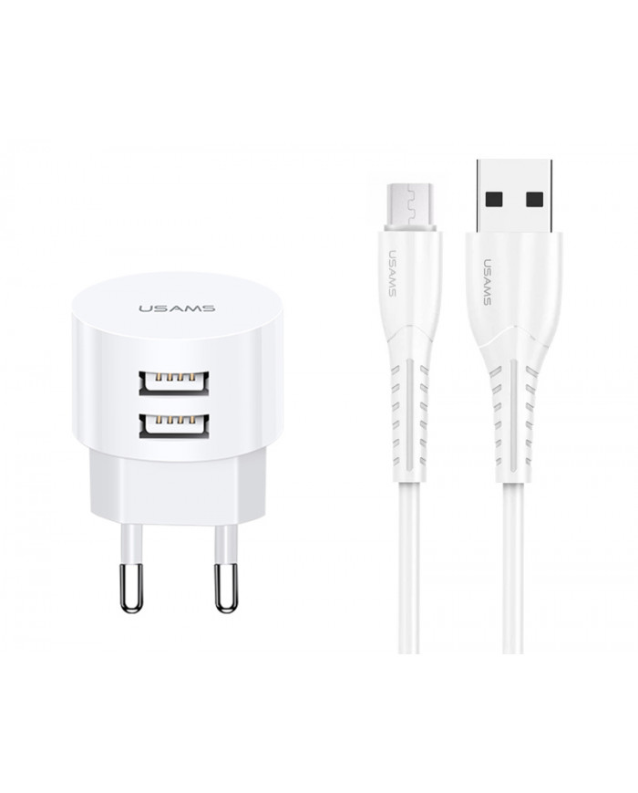 USAMS φορτιστής τοίχου T20 & καλώδιο Micro USB, 2x USB, 2.1A, λευκός