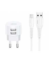 USAMS φορτιστής τοίχου T20 & καλώδιο Micro USB, 2x USB, 2.1A, λευκός