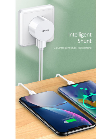 USAMS φορτιστής τοίχου T20 & καλώδιο Micro USB, 2x USB, 2.1A, λευκός