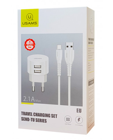 USAMS φορτιστής τοίχου T20 & καλώδιο Micro USB, 2x USB, 2.1A, λευκός