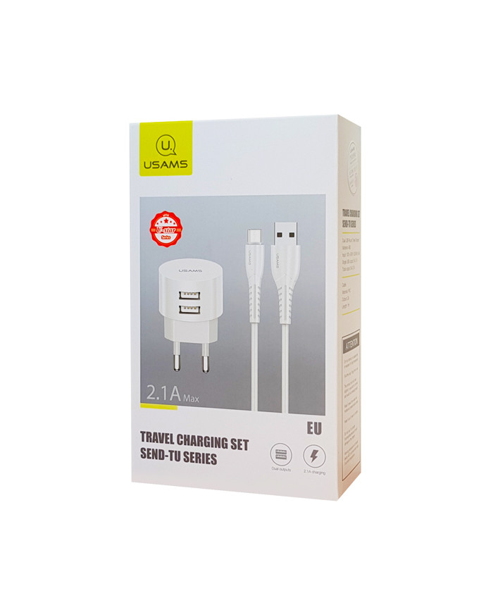 USAMS φορτιστής τοίχου T20 & καλώδιο Micro USB, 2x USB, 2.1A, λευκός