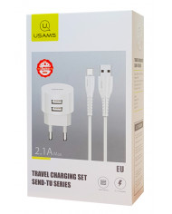 USAMS φορτιστής τοίχου T20 & καλώδιο Micro USB, 2x USB, 2.1A, λευκός