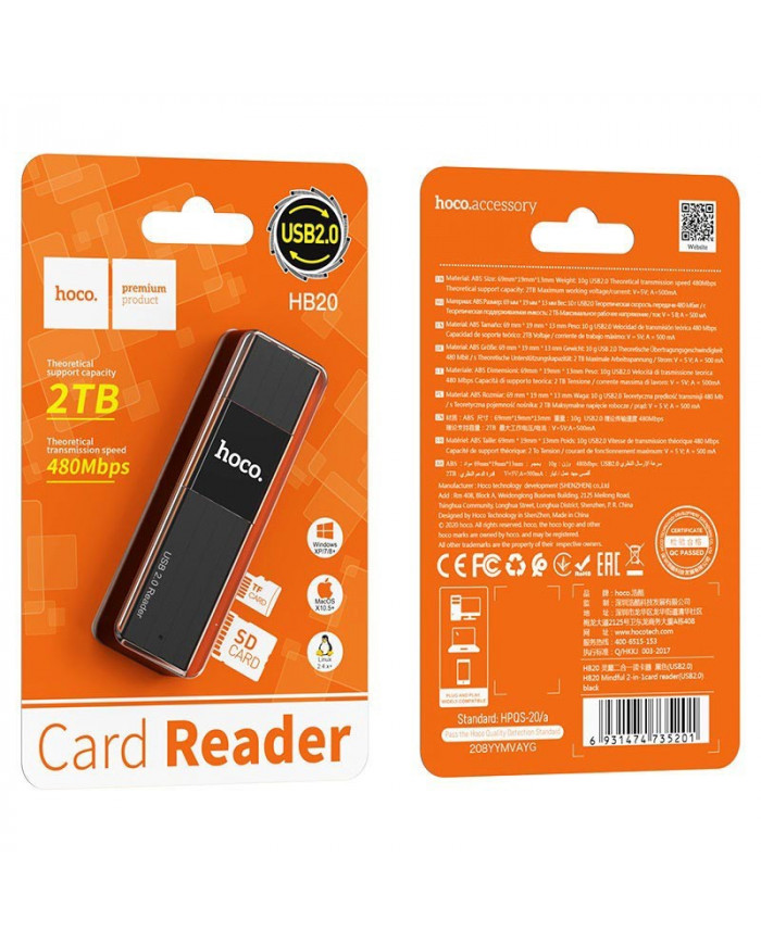 Αναγνώστης Κάρτας Μνήμης Hoco HB20 Mindful 2 σε 1 USB 2.0 έως 480Mbps και 2TB για Micro SD και SD Μαύρος Αναγνώστης Κάρτας Μνήμης Hoco HB20 Mindful 2 σε 1 USB 2.0 έως 480Mbps και 2TB για Micro SD και SD Μαύρος