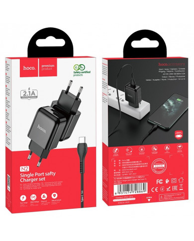 Φορτιστής  Hoco N2 Vigour με USB 5V 2.0A και Καλώδιο USB σε USB-C 3.0A 1μ Μαύρο