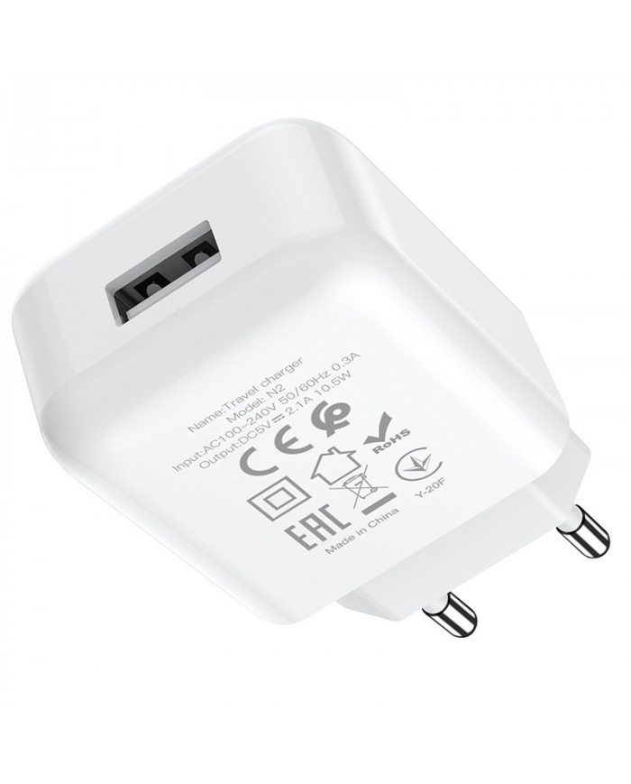 Φορτιστής  Hoco N2 Vigour με USB 5V 2.0A και Καλώδιο USB σε USB-C 3.0A 1μ Λευκό