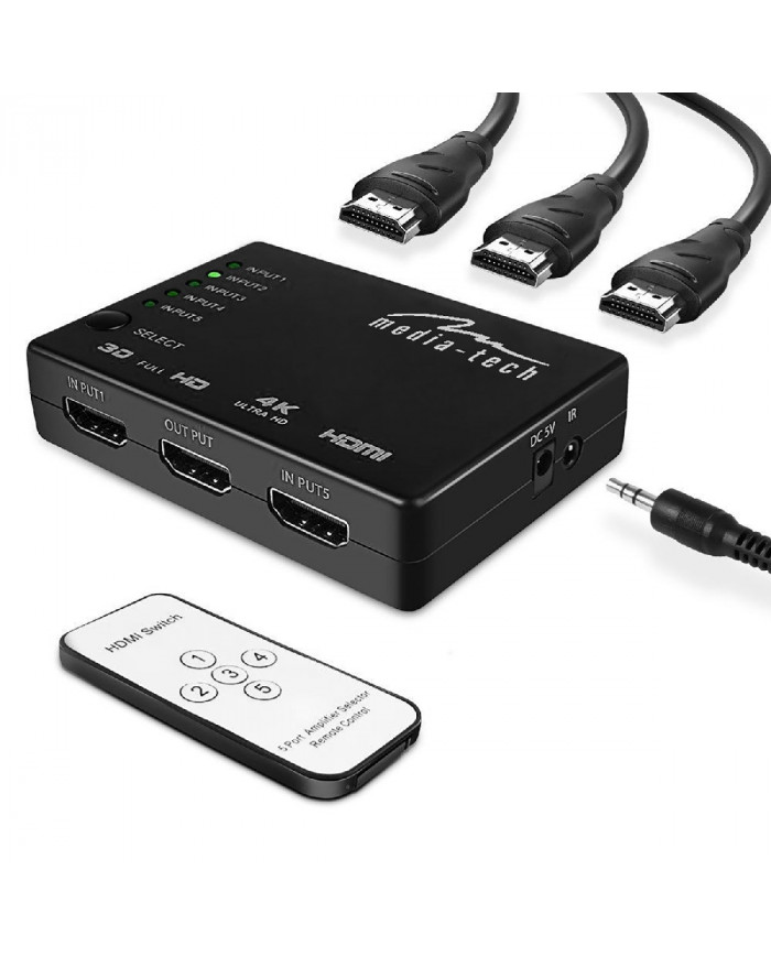 HDMI Switch Media-Tech  5 θέσεων με υποστήριξη ανάλυσης 4K και Τηλεχειριστήριο. Μαύρο