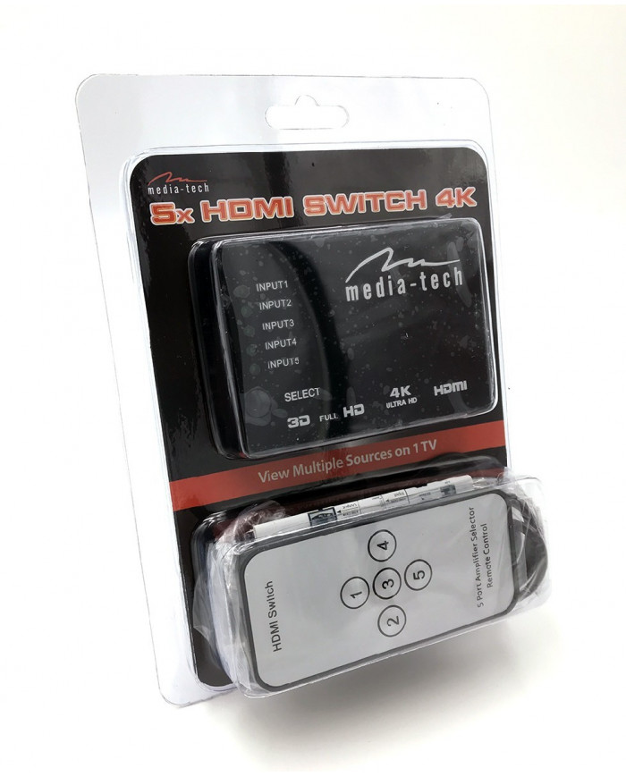 HDMI Switch Media-Tech  5 θέσεων με υποστήριξη ανάλυσης 4K και Τηλεχειριστήριο. Μαύρο