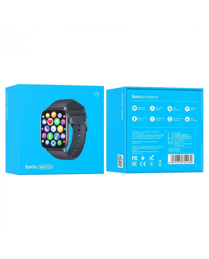 Smartwatch Hoco Y3 IP68 IPS Screen 1.69" 2.5D Glass 220mAh Bluettoth V5.0 Silicon Band Μαύρο