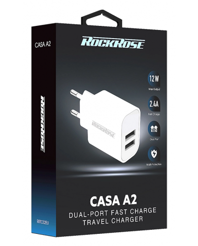 ROCKROSE φορτιστής τοίχου για πρίζα ΕU Casa A2, 2x USB, 2.4A 12W, λευκός