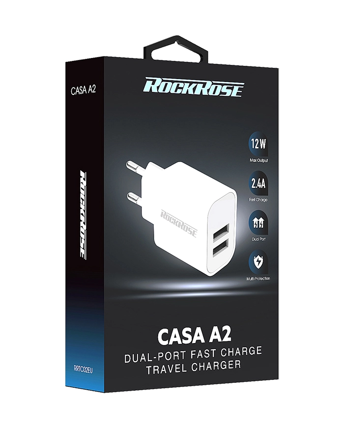 ROCKROSE φορτιστής τοίχου για πρίζα ΕU Casa A2, 2x USB, 2.4A 12W, λευκός