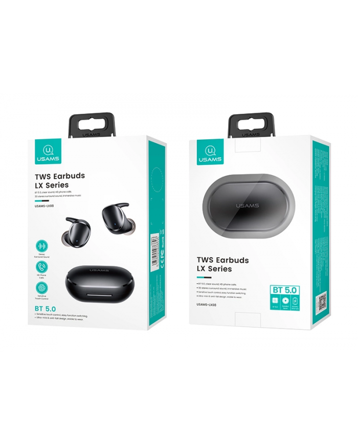 USAMS earphones με θήκη φόρτισης LX08, True Wireless, μαύρα