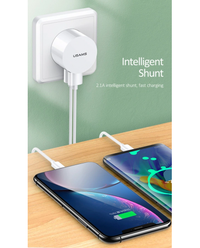 USAMS φορτιστής τοίχου T20 & καλώδιο Lightning, 2x USB, 2.1A, λευκός