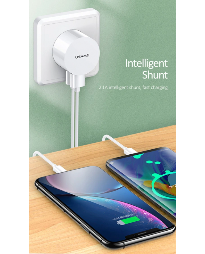 USAMS φορτιστής τοίχου T20 & καλώδιο Lightning, 2x USB, 2.1A, λευκός