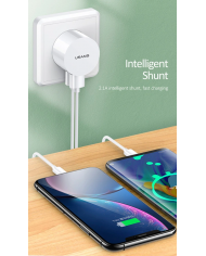 USAMS φορτιστής τοίχου T20 & καλώδιο Lightning, 2x USB, 2.1A, λευκός