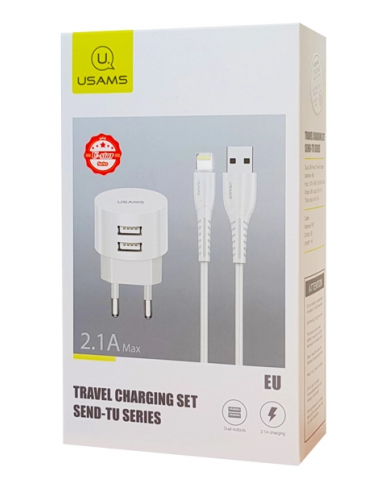 USAMS φορτιστής τοίχου T20 & καλώδιο Lightning, 2x USB, 2.1A, λευκός