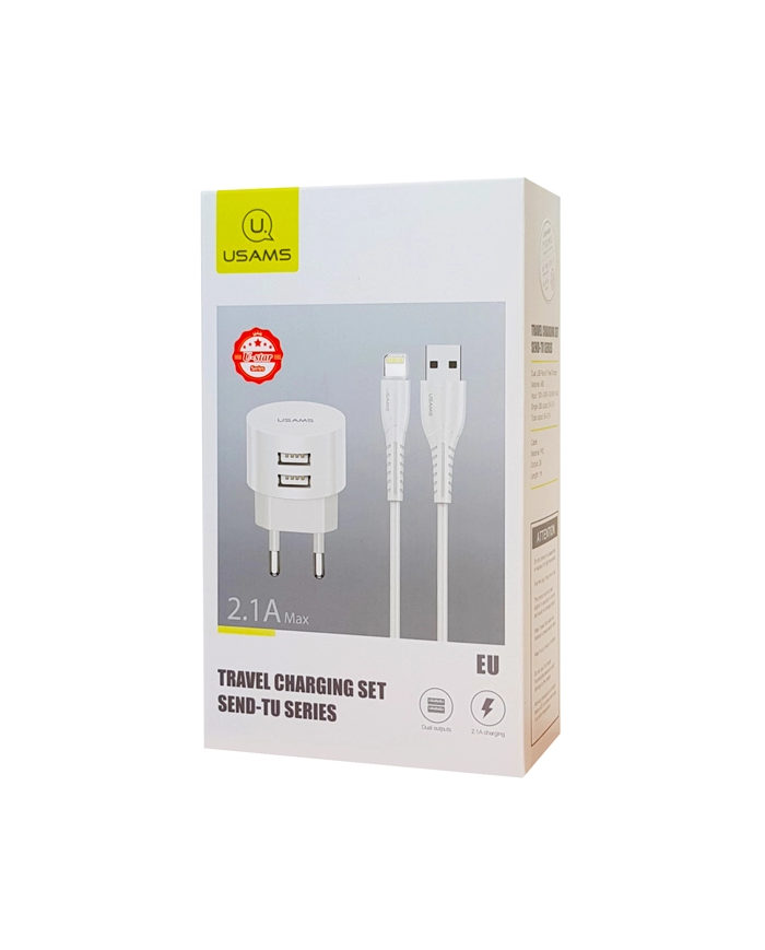 USAMS φορτιστής τοίχου T20 & καλώδιο Lightning, 2x USB, 2.1A, λευκός