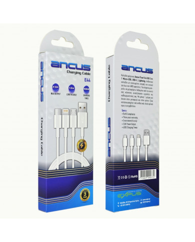 Καλώδιο Σύνδεσης και Φόρτισης Ancus Flow E44 USB 3 σε 1 Micro-USB, USB-C, Lightning 3.0A Λευκό 1μ. Καλώδιο Σύνδεσης και Φόρτισης Ancus Flow E44 USB 3 σε 1 Micro-USB, USB-C, Lightning 3.0A Λευκό 1μ.