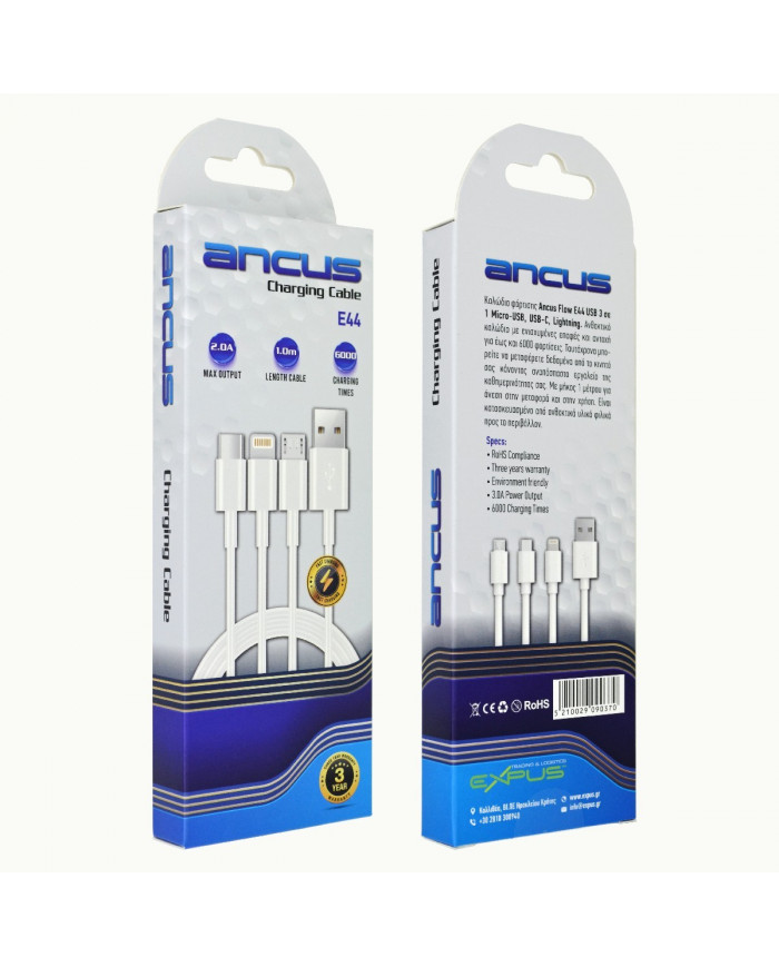 Καλώδιο Σύνδεσης και Φόρτισης Ancus Flow E44 USB 3 σε 1 Micro-USB, USB-C, Lightning 3.0A Λευκό 1μ.