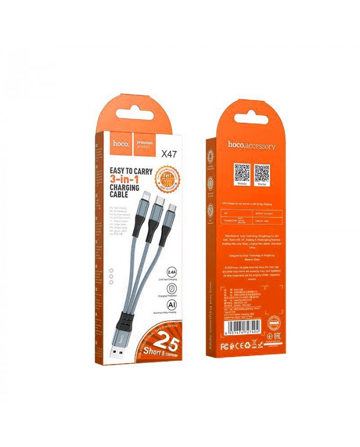 Καλώδιο σύνδεσης Hoco X47 Harbor 3 σε 1 USB σε Micro-USB, Lightning, USB-C 2.4A Γκρι 0.25m