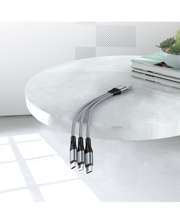 Καλώδιο σύνδεσης Hoco X47 Harbor 3 σε 1 USB σε Micro-USB, Lightning, USB-C 2.4A Γκρι 0.25m