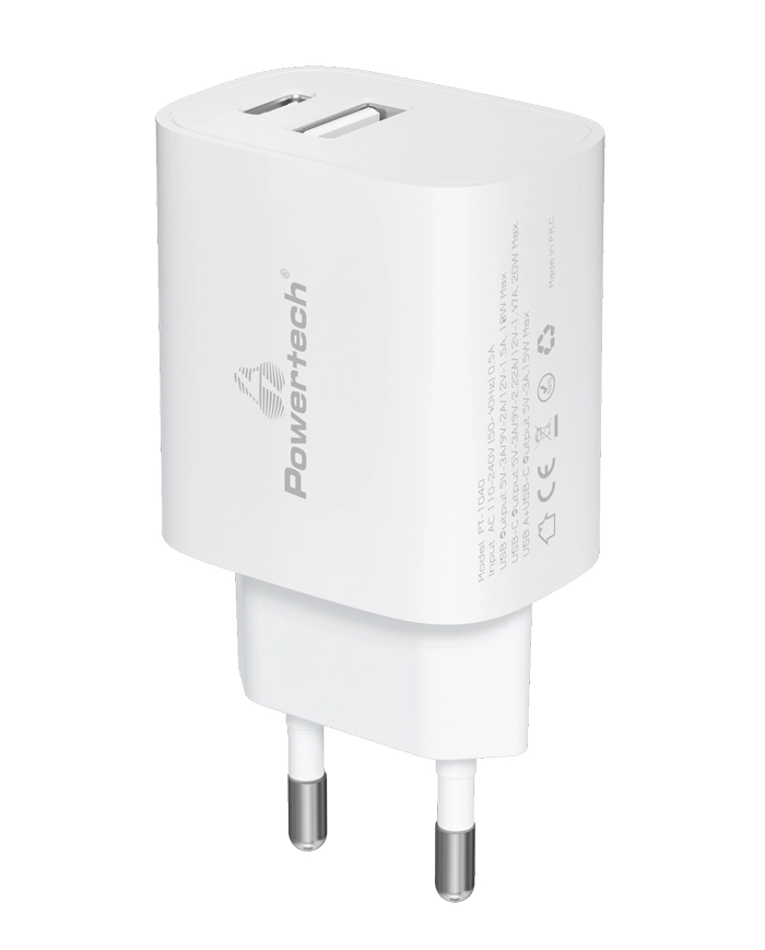 POWERTECH φορτιστής τοίχου PT-1040, USB & USB-C, PD QC3.0, 20W, λευκός