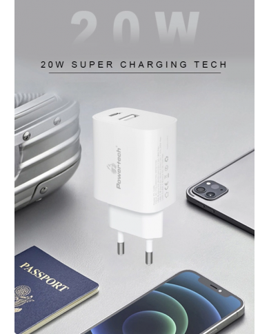 POWERTECH φορτιστής τοίχου PT-1040, USB & USB-C, PD QC3.0, 20W, λευκός
