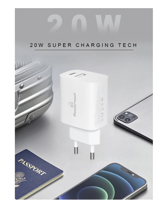 POWERTECH φορτιστής τοίχου PT-1040, USB & USB-C, PD QC3.0, 20W, λευκός