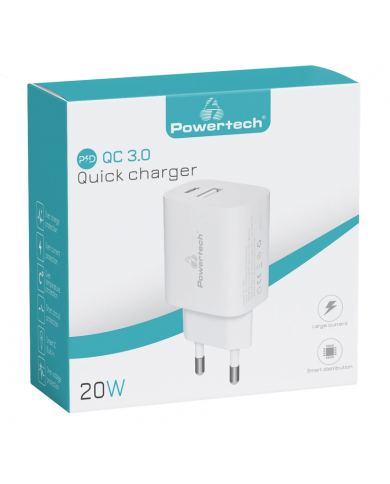 POWERTECH φορτιστής τοίχου PT-1040, USB & USB-C, PD QC3.0, 20W, λευκός