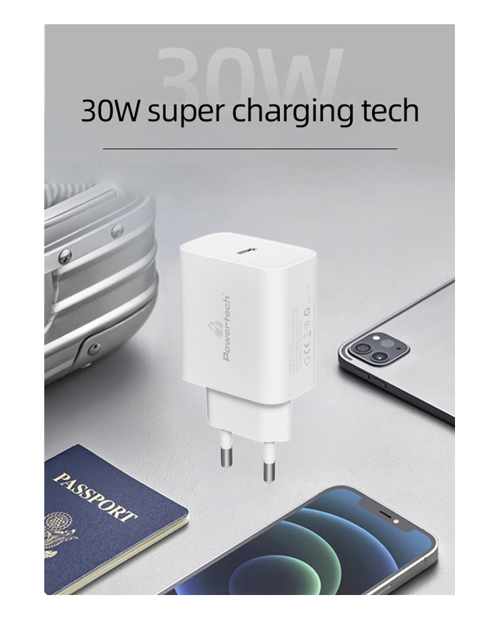 POWERTECH φορτιστής τοίχου PT-1043, USB-C, PD QC3.0, 30W, λευκός