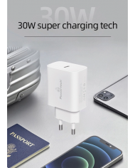 POWERTECH φορτιστής τοίχου PT-1043, USB-C, PD QC3.0, 30W, λευκός