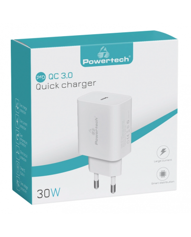 POWERTECH φορτιστής τοίχου PT-1043, USB-C, PD QC3.0, 30W, λευκός