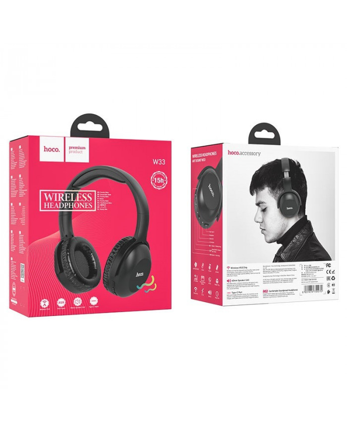 Wireless Ακουστικά Stereo Hoco W33 Art Sound με Μικρόφωνο, AUX και Πλήκτρα Ελέγχουe v5.0 Μαύρο